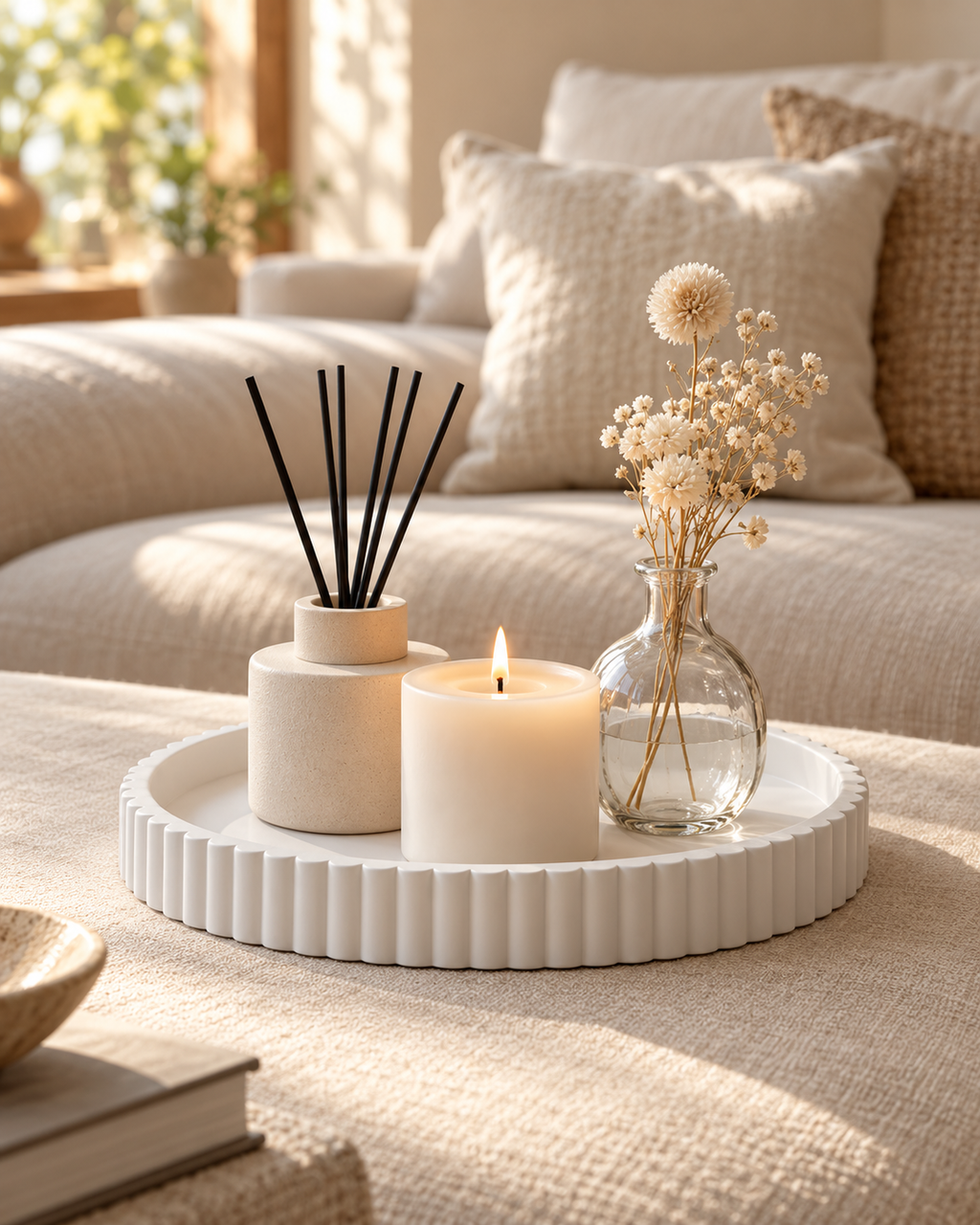 Plateau décoratif rond blanc ELIO dans un salon