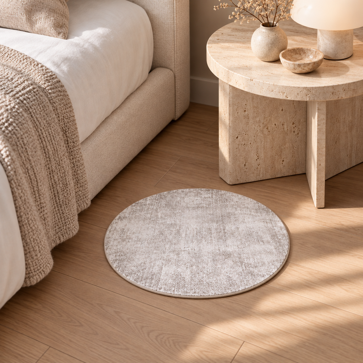 Petit tapis rond AURA 40 cm, coloris grège, présenté à échelle réaliste