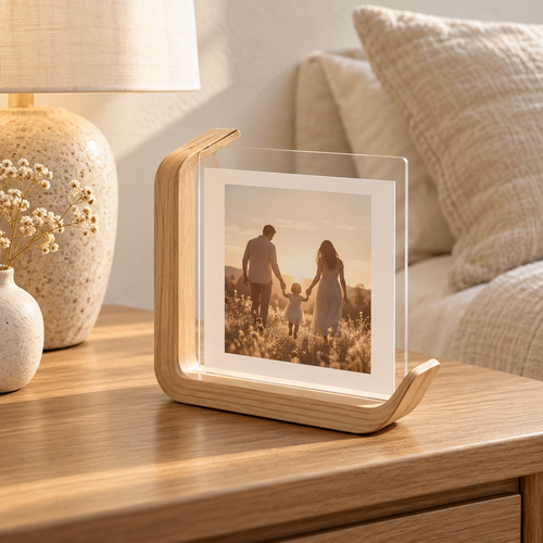 Cadre photo double face ELIA en bois clair sur une table de chevet