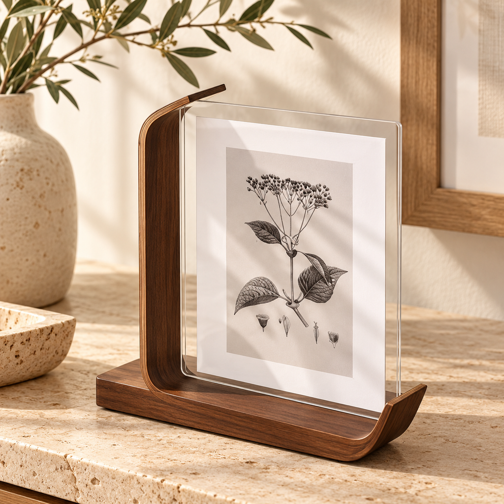 Cadre photo double face ELIA en bois noyer foncé et acrylique