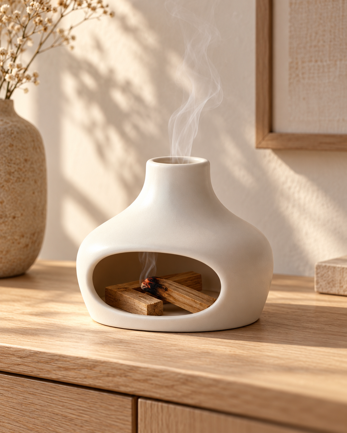 Brûleur SANA blanc en céramique dans un intérieur chaleureux
