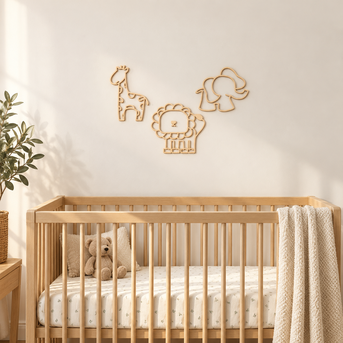 SAVANE — trio d'animaux muraux en bois à l'échelle dans une chambre de bébé