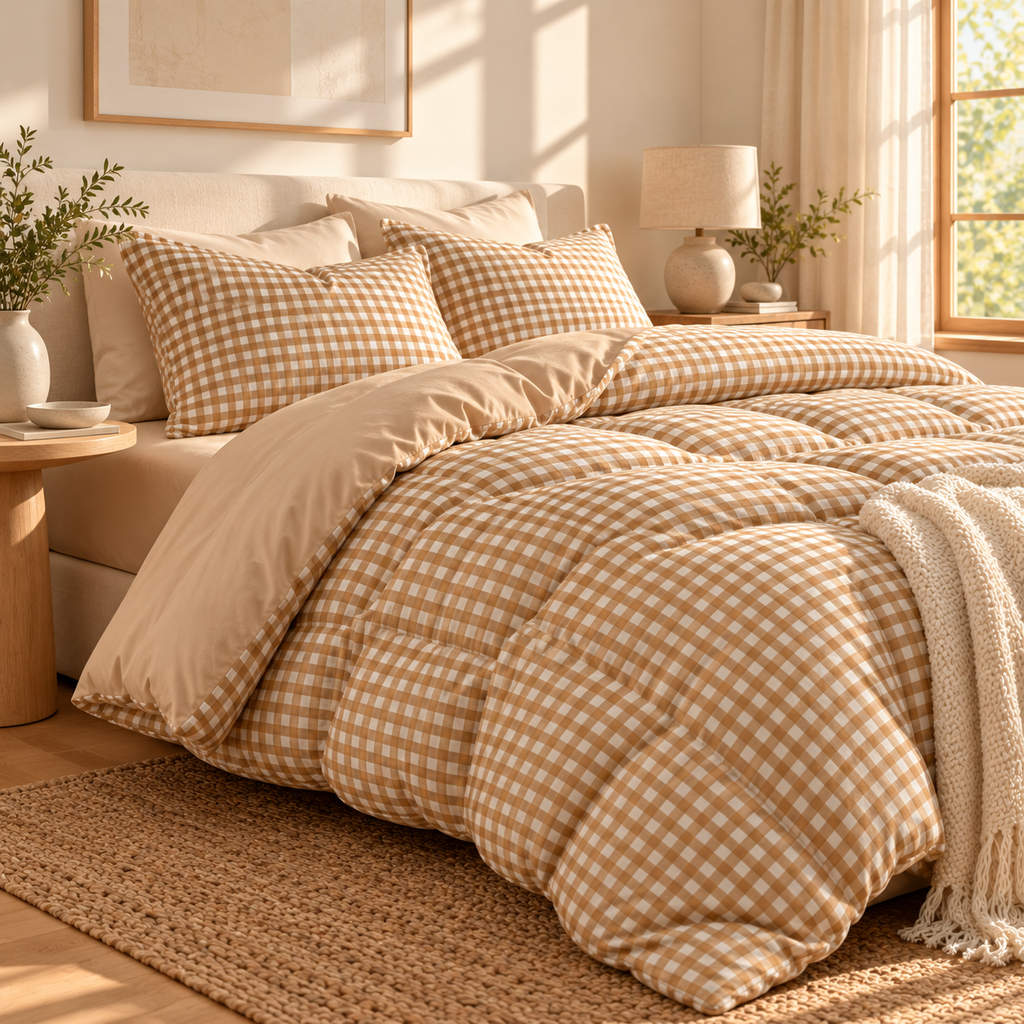 Parure de lit VICHY beige et écru — vue principale avec deux taies