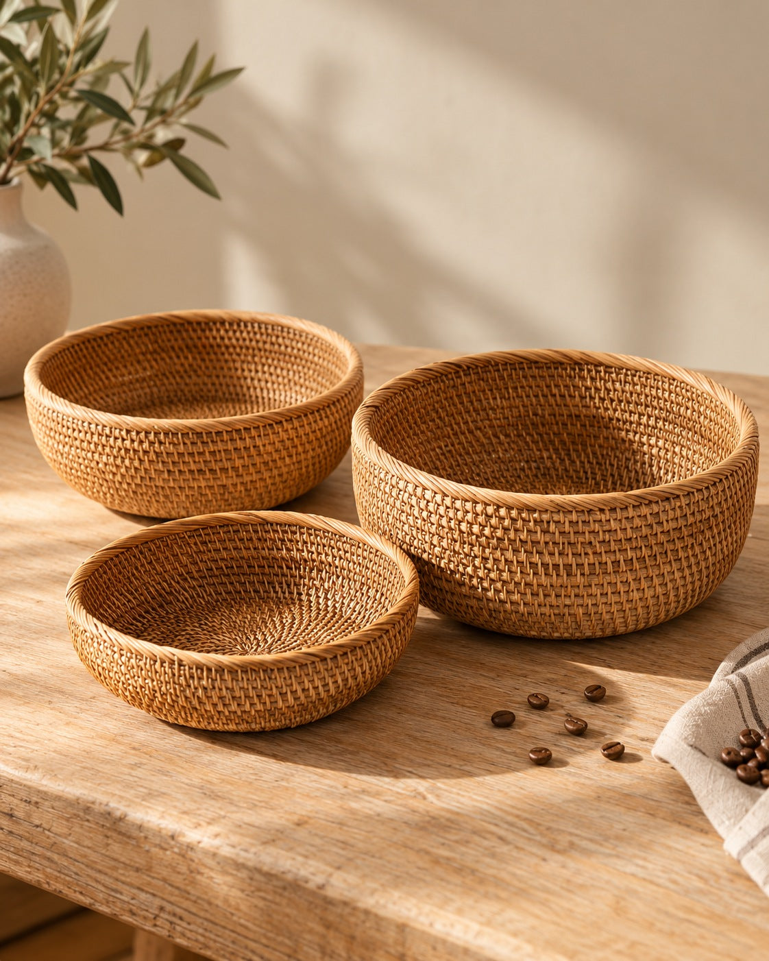 Trois formats du panier rond tressé naturel NAYA
