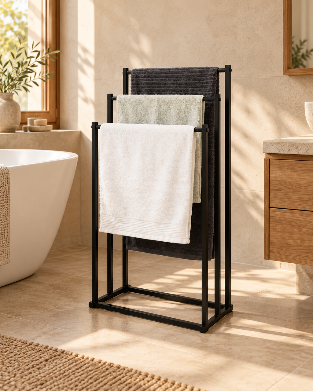 Porte-serviettes noir dans une salle de bain
