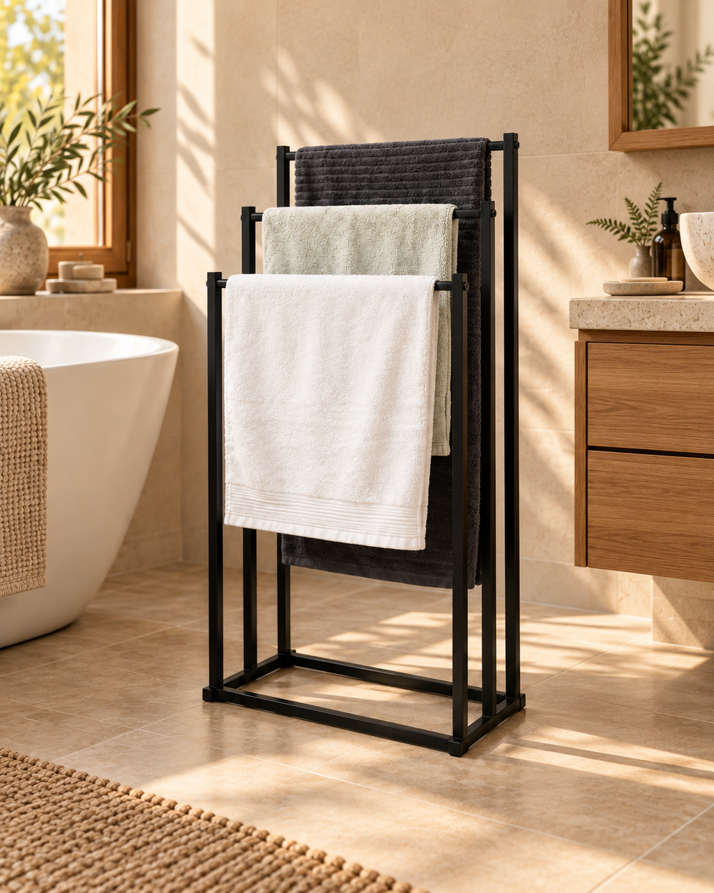 Porte-serviettes noir sur pied vu en angle