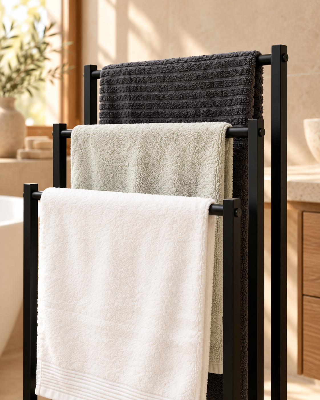 Détail des trois barres du porte-serviettes noir